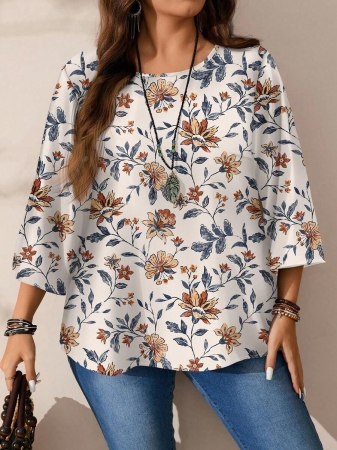Mellowie Plus Size Casual Minimalist Allover Print Round Neck 3/4 Sleeve Shirt, Suitable For Autumn/Winter Chic Blouses For Women - Image 65