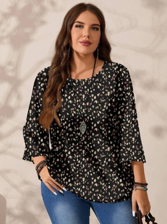 Mellowie Plus Size Casual Minimalist Allover Print Round Neck 3/4 Sleeve Shirt, Suitable For Autumn/Winter Chic Blouses For Women - Image 72