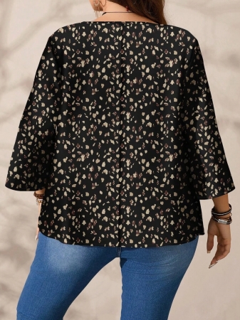 Mellowie Plus Size Casual Minimalist Allover Print Round Neck 3/4 Sleeve Shirt, Suitable For Autumn/Winter Chic Blouses For Women - Image 73