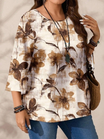 Mellowie Plus Size Casual Minimalist Allover Print Round Neck 3/4 Sleeve Shirt, Suitable For Autumn/Winter Chic Blouses For Women - Image 77