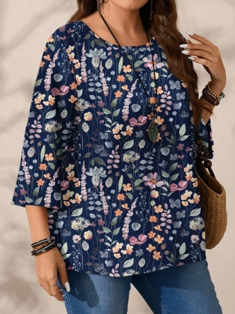 Mellowie Plus Size Casual Minimalist Allover Print Round Neck 3/4 Sleeve Shirt, Suitable For Autumn/Winter Chic Blouses For Women - Image 85