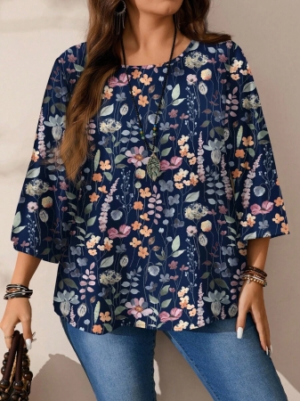 Mellowie Plus Size Casual Minimalist Allover Print Round Neck 3/4 Sleeve Shirt, Suitable For Autumn/Winter Chic Blouses For Women - Image 87