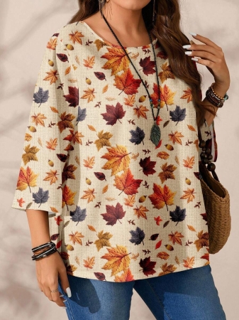Mellowie Plus Size Casual Minimalist Allover Print Round Neck 3/4 Sleeve Shirt, Suitable For Autumn/Winter Chic Blouses For Women - Image 92