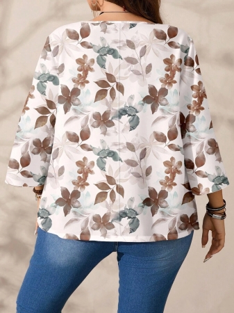 Mellowie Plus Size Casual Minimalist Allover Print Round Neck 3/4 Sleeve Shirt, Suitable For Autumn/Winter Chic Blouses For Women - Image 97