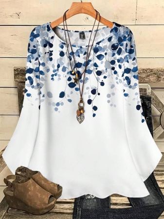 Mellowie Plus Size Casual Minimalist Allover Print Round Neck 3/4 Sleeve Shirt, Suitable For Autumn/Winter Chic Blouses For Women - Image 104