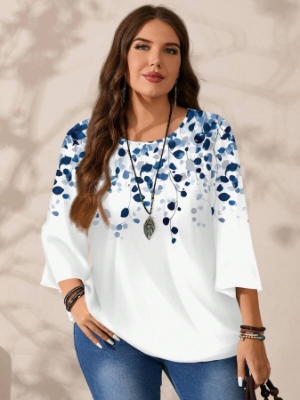 Mellowie Plus Size Casual Minimalist Allover Print Round Neck 3/4 Sleeve Shirt, Suitable For Autumn/Winter Chic Blouses For Women - Image 110