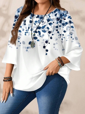 Mellowie Plus Size Casual Minimalist Allover Print Round Neck 3/4 Sleeve Shirt, Suitable For Autumn/Winter Chic Blouses For Women - Image 112