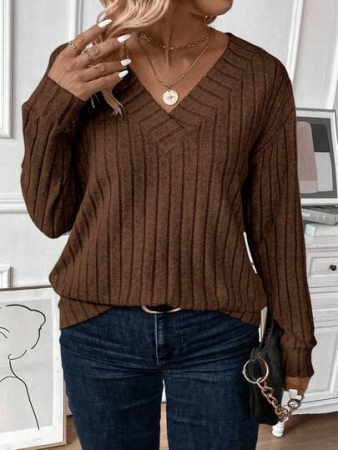 EMERY ROSE Casual Fashionable Minimalist 12*4 Fleece Ribbed V-Neck Plus Size Sweatshirt, Autumn/Winter