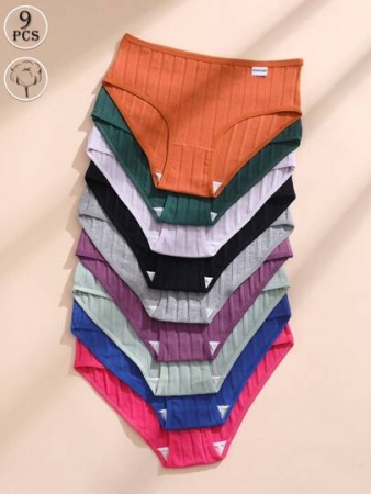 9 Pcs Women's Cotton Panties Sexy Low-Waist Solid Color Briefs Ribbed Comfortable And Breathable Sports Underwear