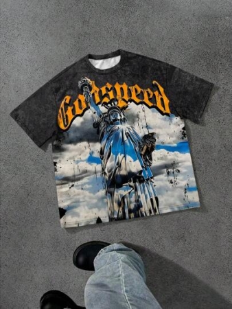 Manfinity EMRG Manfinity Streetrush Letter & Statue Print Round Neck Casual Short Sleeve T-Shirt Graphic Tees Streetwear Graphic Tees Men Vintage
