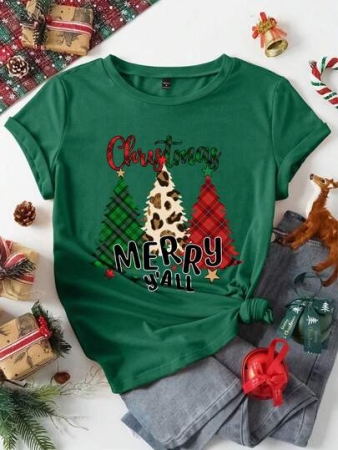 Manfinity Homme Men's Christmas Pine Green Christmas Tree Pattern Casual T-Shirt | Colorful Patchwork Trees Print Round Neck Top | Plaid & Leopard Mix Creative Design Short Sleeve Tee | Festive Atmosphere Relaxed Comfortable Holiday Decoration Item,Number Print Round Neck Casual Short Sleeve T-Shirt