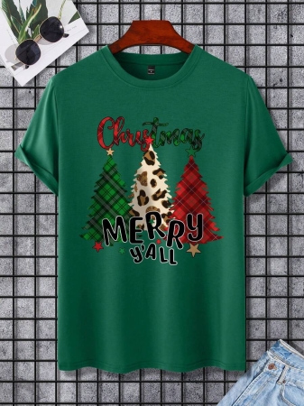 Manfinity Homme Men's Christmas Pine Green Christmas Tree Pattern Casual T-Shirt | Colorful Patchwork Trees Print Round Neck Top | Plaid & Leopard Mix Creative Design Short Sleeve Tee | Festive Atmosphere Relaxed Comfortable Holiday Decoration Item,Number Print Round Neck Casual Short Sleeve T-Shirt - Image 4