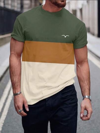 Manfinity Homme Men's Seagull Pattern Contrast Color Short Sleeve T-Shirt, Men Tees, Color Block T Shirt Men