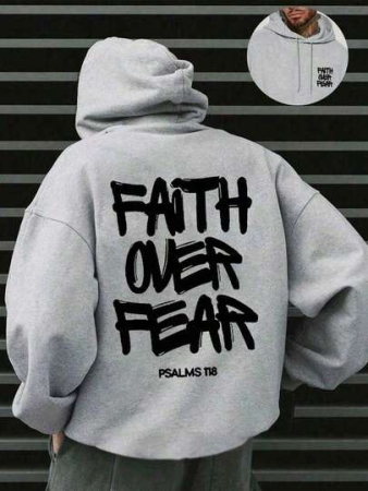 Faith Over Fear, Letter Print Pocket Hoodie, Men's Casual Long-Sleeve Drawstring Style, Autumn & Winter New-Unisex Loose-Fit Hooded Sweatshirt-K88