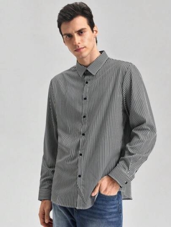 Men's Fashionable Business Casual Striped Print Long Sleeve Shirt,Fall