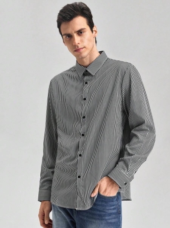 Men's Fashionable Business Casual Striped Print Long Sleeve Shirt,Fall - Image 2