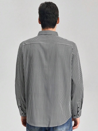 Men's Fashionable Business Casual Striped Print Long Sleeve Shirt,Fall - Image 3