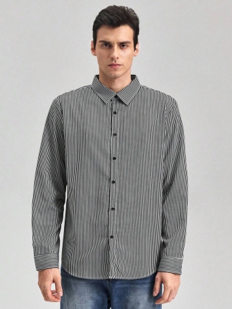 Men's Fashionable Business Casual Striped Print Long Sleeve Shirt,Fall - Image 4