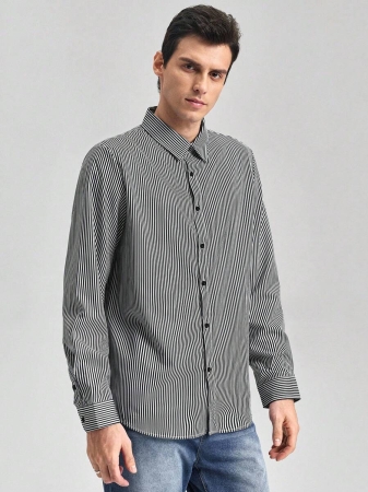 Men's Fashionable Business Casual Striped Print Long Sleeve Shirt,Fall - Image 5