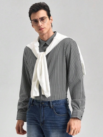 Men's Fashionable Business Casual Striped Print Long Sleeve Shirt,Fall - Image 7