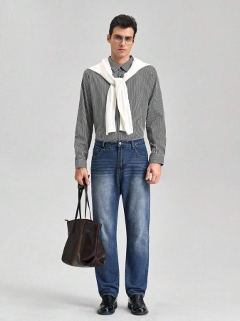 Men's Fashionable Business Casual Striped Print Long Sleeve Shirt,Fall - Image 8