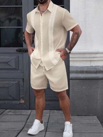 Manfinity Homme Men's Summer Casual Vacation Style Contrast Lace Short Sleeve Loose Shirt