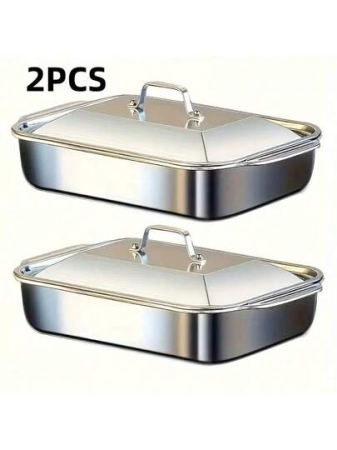 4-Piece (2 Stainless Steel Deep Pans And 2 Lids With Handles) Heavy-Duty Stainless Steel Rectangular Fish Baking Tray With Lid, Large Capacity Multi-Purpose Heating Tray, Suitable For Barbecue, Buffet And Home Cooking, Suitable For Dessert, Bread, Seafood, Suitable For Barbecue, Buffet And Home Cooking, A Must-Have For Holiday Cooking