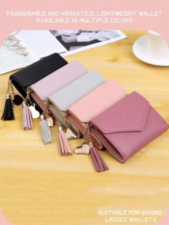 Cute Tassel Pendant Decor Wallet Faux Leather Multi-Functional Wallet Women Short Wallet Coin Purse Flap Card Case Envelope Bag For Women Wallet