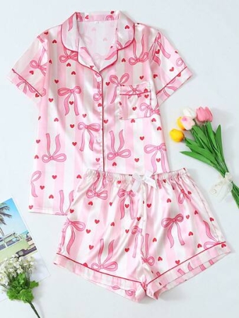 Striped Bowknot Printed Women Charmeuse Short Sleeve Shorts Pajama Set
