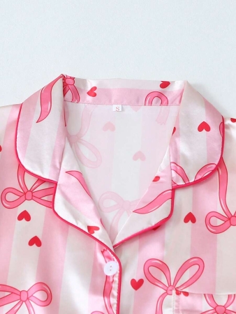 Striped Bowknot Printed Women Charmeuse Short Sleeve Shorts Pajama Set - Image 3