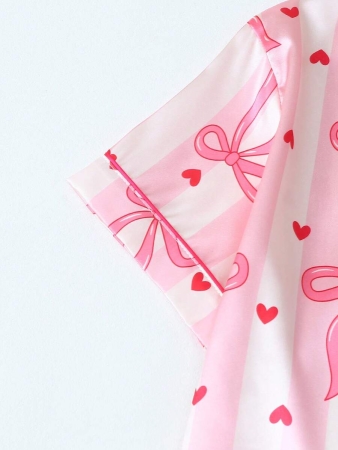 Striped Bowknot Printed Women Charmeuse Short Sleeve Shorts Pajama Set - Image 4