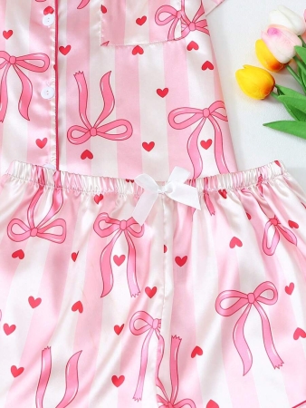 Striped Bowknot Printed Women Charmeuse Short Sleeve Shorts Pajama Set - Image 7