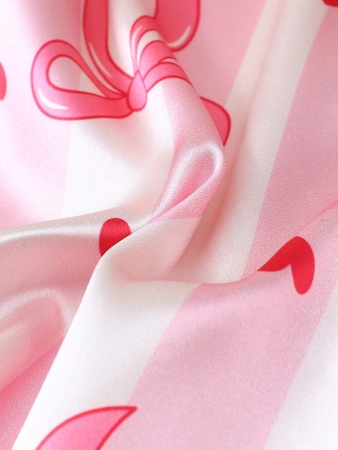Striped Bowknot Printed Women Charmeuse Short Sleeve Shorts Pajama Set - Image 10