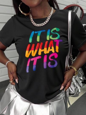 Women's "It Is What It Is" Slogan T-Shirt, Colorful Letter Casual Round Neck Short Sleeve Tee, Suitable For Daily Wear