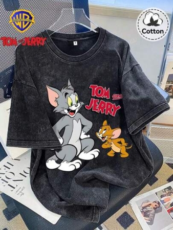 Warner Bros LILL, Autumn Women's Tom And Jerry Pattern T-Shirt Tops, Slightly Elastic Fit Washed And Distressed Cotton Black Round Neck Short-Sleeved T-Shirt, Casual Daily Street Back To School Season T-Shirt Tops