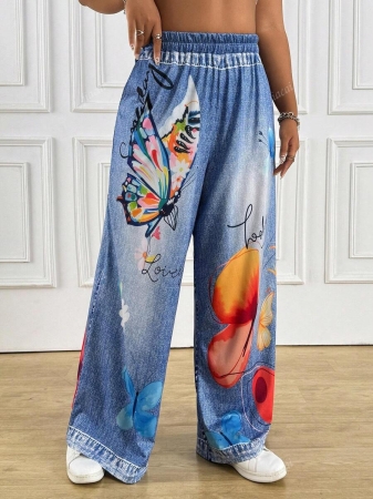 Women's Casual Imitation Denim Print Pocket Straight Pants Casual Fashion Women's Four Seasons Pants Abstract Watercolor Butterfly Pattern - Image 3