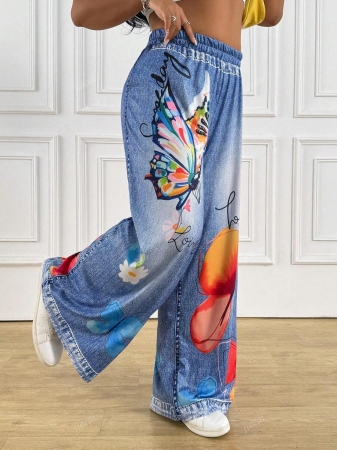 Women's Casual Imitation Denim Print Pocket Straight Pants Casual Fashion Women's Four Seasons Pants Abstract Watercolor Butterfly Pattern - Image 6