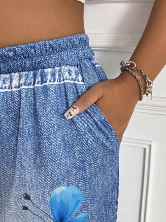 Women's Casual Imitation Denim Print Pocket Straight Pants Casual Fashion Women's Four Seasons Pants Abstract Watercolor Butterfly Pattern - Image 7