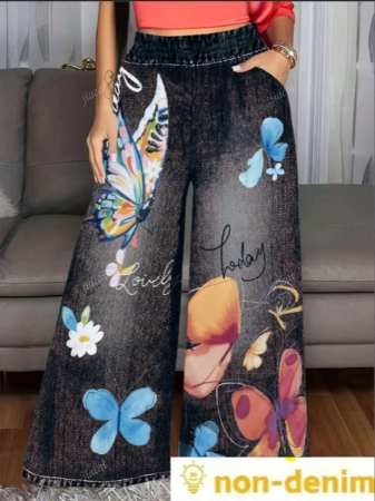 Women's Casual Imitation Denim Print Pocket Straight Pants Casual Fashion Women's Four Seasons Pants Abstract Watercolor Butterfly Pattern - Image 11