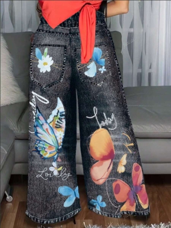 Women's Casual Imitation Denim Print Pocket Straight Pants Casual Fashion Women's Four Seasons Pants Abstract Watercolor Butterfly Pattern - Image 12