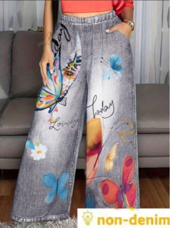 Women's Casual Imitation Denim Print Pocket Straight Pants Casual Fashion Women's Four Seasons Pants Abstract Watercolor Butterfly Pattern - Image 14
