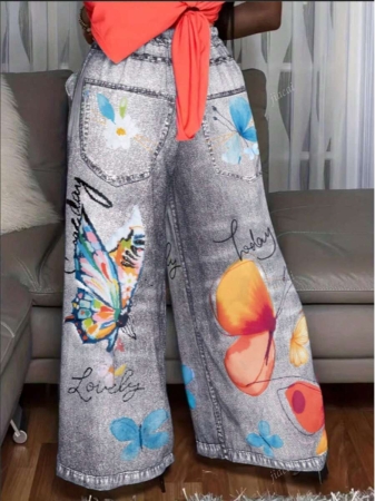 Women's Casual Imitation Denim Print Pocket Straight Pants Casual Fashion Women's Four Seasons Pants Abstract Watercolor Butterfly Pattern - Image 15