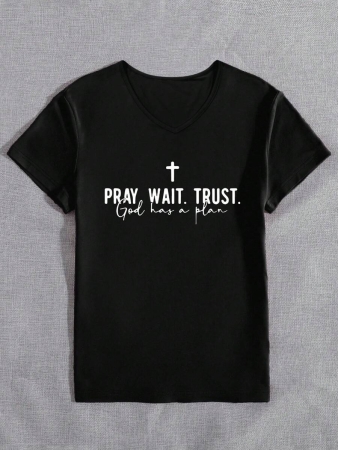 Pray.Wait.Trust Faith Short Sleeve V-Neck T-Shirt For Women, Casual Everyday Wear - Image 4