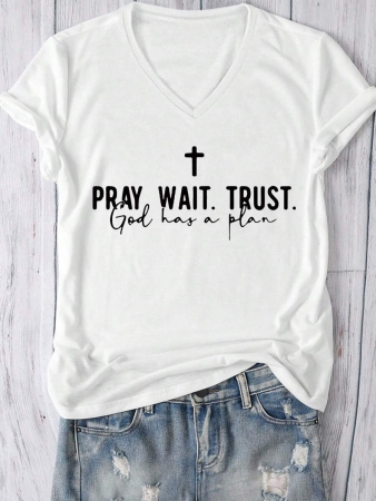 Pray.Wait.Trust Faith Short Sleeve V-Neck T-Shirt For Women, Casual Everyday Wear - Image 7