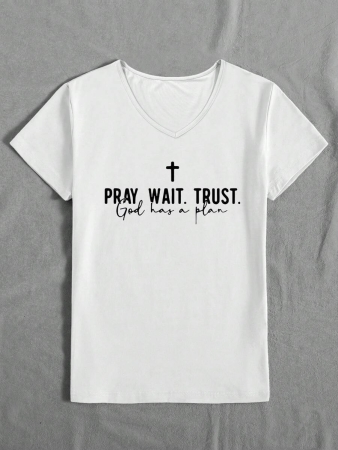 Pray.Wait.Trust Faith Short Sleeve V-Neck T-Shirt For Women, Casual Everyday Wear - Image 9