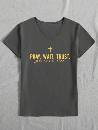 Pray.Wait.Trust Faith Short Sleeve V-Neck T-Shirt For Women, Casual Everyday Wear - Image 14