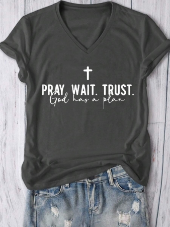 Pray.Wait.Trust Faith Short Sleeve V-Neck T-Shirt For Women, Casual Everyday Wear - Image 17