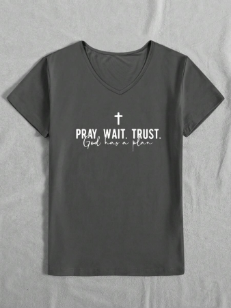 Pray.Wait.Trust Faith Short Sleeve V-Neck T-Shirt For Women, Casual Everyday Wear - Image 19