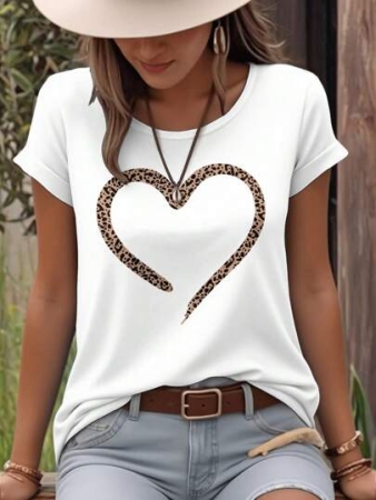 EMERY ROSE Women's Heart Pattern Printed Round Neck Short Sleeve Casual T-Shirt For Summer For New Year Clothes Graphic Tees Women Tops