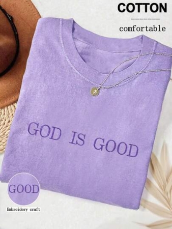 Lalippa Embroidered Minimalist Shirt "God Is Good" Christian Faith Comfortable Color Shirt Gift, Faith Shirt, Faith T-Shirt, Church Group Shirt, Women Round Neck Embroidered T-Shirt